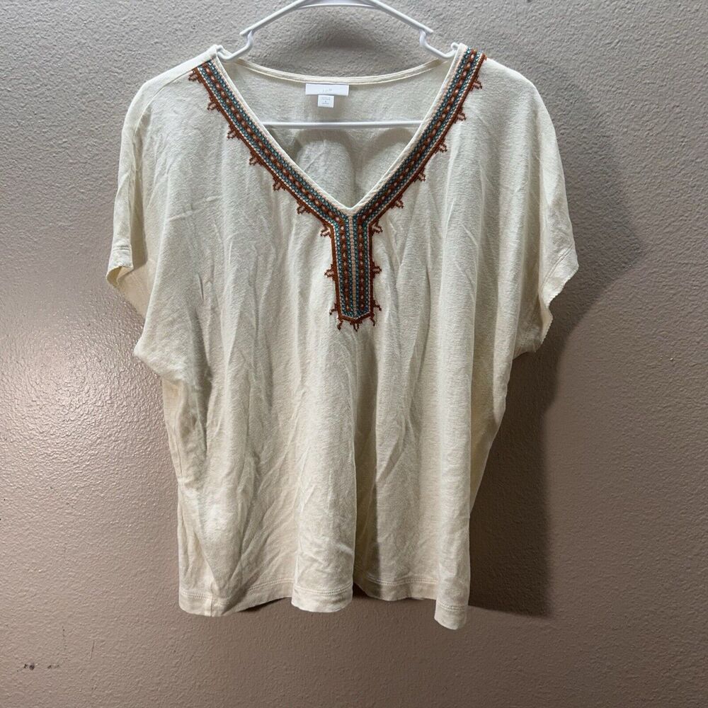 J. Jill Womens Cream Linen‎ Blend Southwest Embroidered Petite Small V Neck